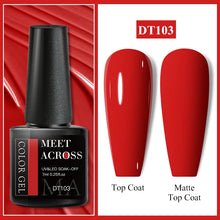 Nail gel polish bottle with red nails showing top coat and matte top coat on a red background