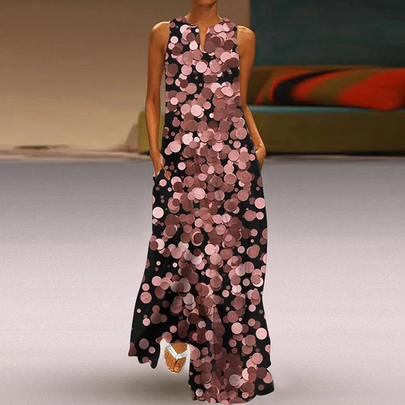 Summer Dress Woman 2025 Printed Dresses Summer Sleeveless V-Neck Long Dress Ladies Casual Elegant Beach Party Maxi Dresses