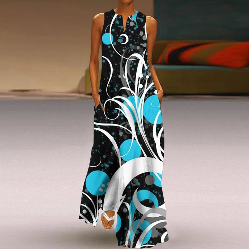 Summer Dress Woman 2025 Printed Dresses Summer Sleeveless V-Neck Long Dress Ladies Casual Elegant Beach Party Maxi Dresses