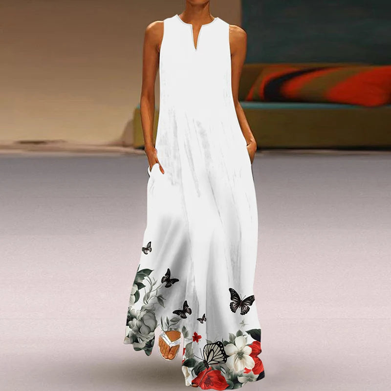 Summer Dress Woman 2025 Printed Dresses Summer Sleeveless V-Neck Long Dress Ladies Casual Elegant Beach Party Maxi Dresses