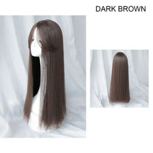 1. Black straight hair wig with middle part fringe — full length view. 2. Black straight hair wig showing smooth tangle-free synthetic fibres. 3. Black straight hair wig with adjustable band for secure fit. 4. Black straight hair wig middle part fringe framing the face. 5. Black straight hair wig worn for casual daily wear look. 6. Black straight hair wig available at Her Wardrobe & Beyond.