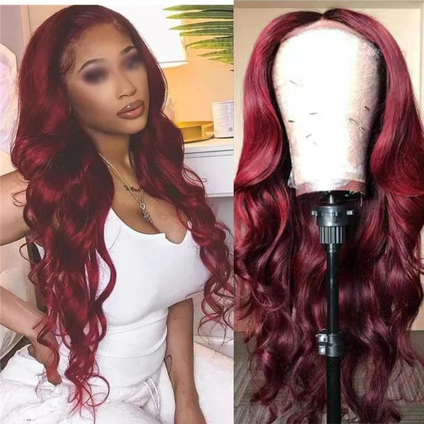 Curly wine red long wig front view showing rich colour and volume.