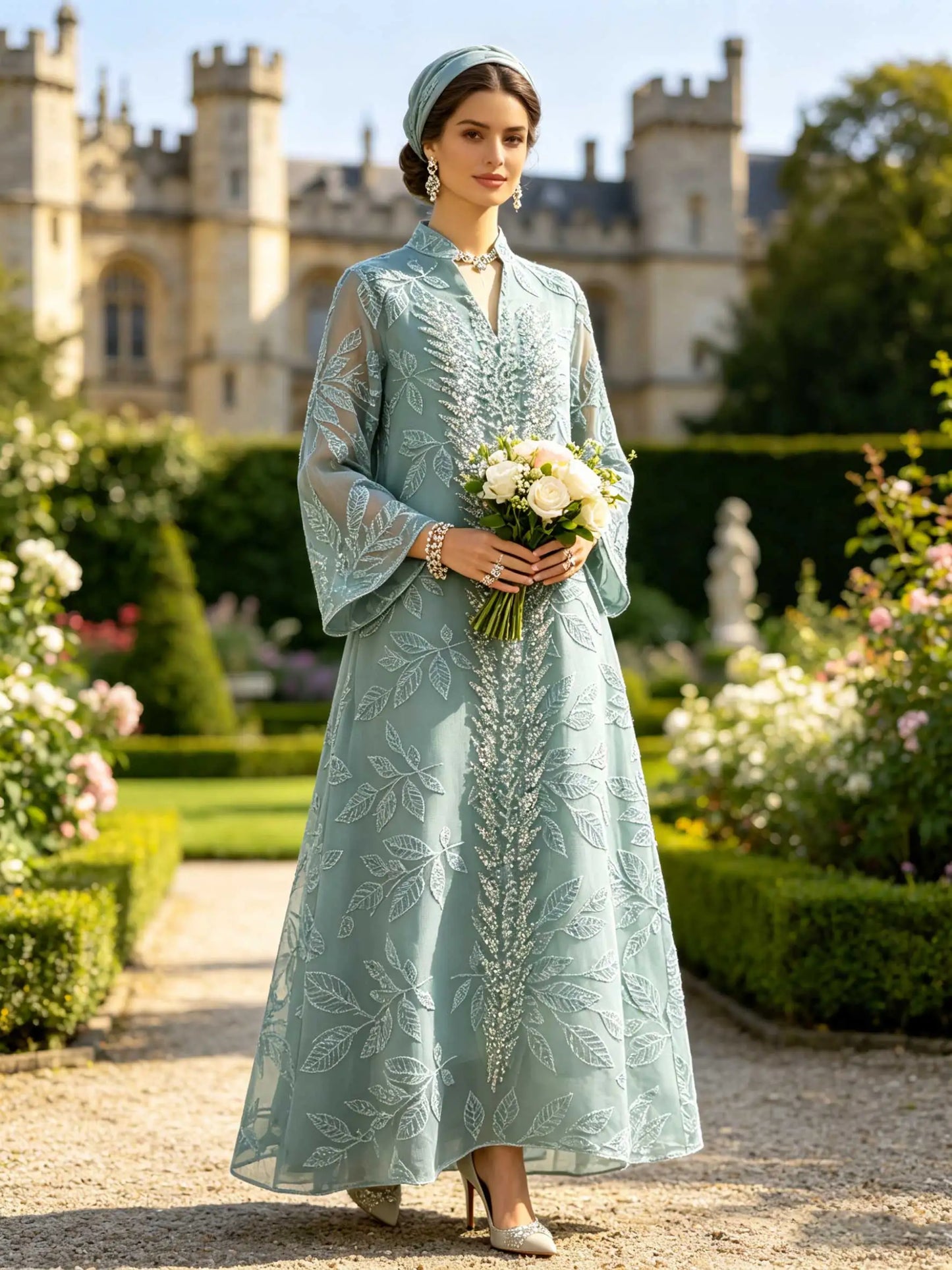 Mint Green Abaya with Silver Sequin Leaf Kaftan Elegant Ramadan Eid Prayer Dress