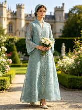 Mint Green Abaya with Silver Sequin Leaf Kaftan Elegant Ramadan Eid Prayer Dress