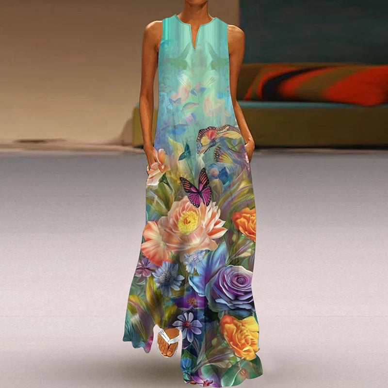 Summer Dress Woman 2025 Printed Dresses Summer Sleeveless V-Neck Long Dress Ladies Casual Elegant Beach Party Maxi Dresses