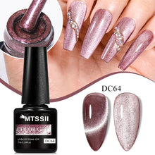 MTSSII Color Gel nail polish in shade DC64, shown in a black bottle alongside a hand displaying the applied metallic mauve-pink polish with rhinestone accents, plus two nail swatches and a circular close-up of the polish texture.