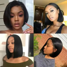 Synthetic short bob straight wig collage showing various styles and angles.