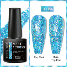 Nail gel polish bottle with glittery blue topcoat and matte topcoat on a colorful background