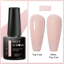 Nail gel polish bottle with two nail samples showing top coat and matte top coat on a pink background.