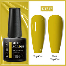 Nail gel polish bottle with yellow nail samples labeled 'Top Coat' and 'Matte Top Coat' on a yellow background.