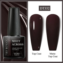 Gel nail polish bottle with top coat and matte top coat display, brand 'Meet Across' visible.