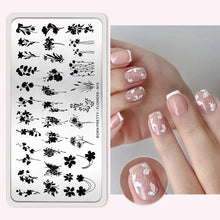 Nail stamping plates with flower, animal and French tip designs.