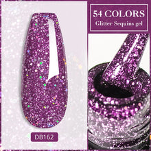 Purple glitter sequins gel with a nail sample and bottle on a white background