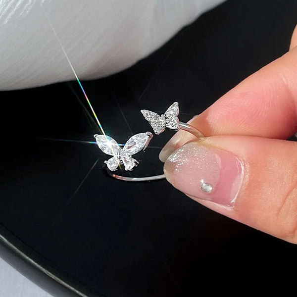 Double Butterfly Adjustable Silver Ring