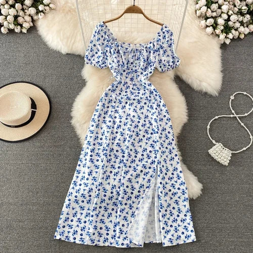 Summer Vintage Dress Blue Floral estidos