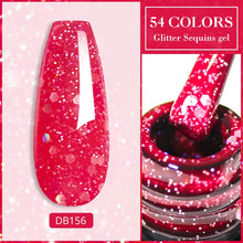 Red glitter sequins gel with a brush and '54 Colors' text on a pink background