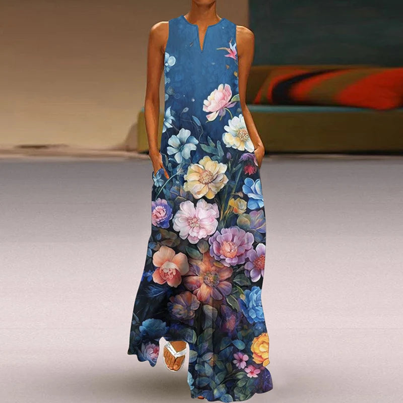 Summer Dress Woman 2025 Printed Dresses Summer Sleeveless V-Neck Long Dress Ladies Casual Elegant Beach Party Maxi Dresses