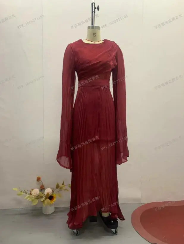 Folds Flare Sleeve Round Collar Floor Lace Up Tight Waist A Line Formal Gown