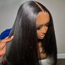 Close-up of synthetic short bob straight wig showing sleek straight strands.