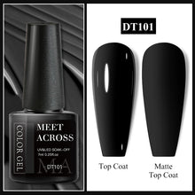 Black nail polish bottle with 'Meet Across' branding and two black nail samples labeled 'Top Coat' and 'Matte Top Coat'.