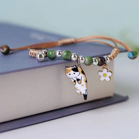 Cartoon Enamel Animal Cat Flower Bracelet for Women Girls Fashion Woven Rope Bell Bracelets Party Jewelry Lover Friendship Gifts