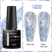 Nail gel polish bottle with 'Meet Across' branding and two nail samples on a glittery background.