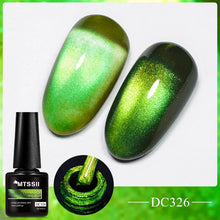MTSSII magnetic cat-eye green nail polish shown with a black bottle, a circular brush-coat detail inset, and two nail swatches displaying the shimmering green finish on a white background with a green border.