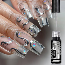metallic gel polish – silver mirror effect line art French nails