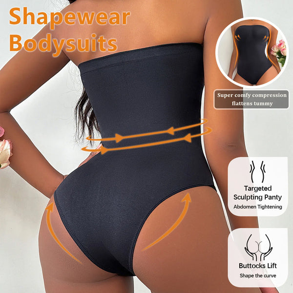 Women's Strapless Bodysuit Shapewear Sexy Thong Bodysuit Tops Butt Lifter Compression Waist Trainer Push Up Backless Shaper