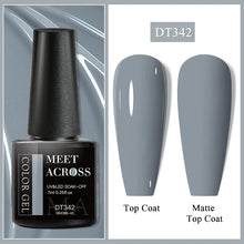 Nail gel polish bottle with 'Meet Across' branding and two nail samples labeled 'Top Coat' and 'Matte Top Coat'.