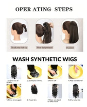 A guide on how to wear and wash long wavy synthetic wig, featuring step-by-step instructions with images.
