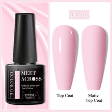 Nail gel polish bottle with pink nails showing top coat and matte top coat on a pink background