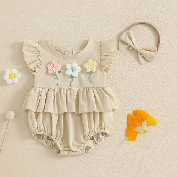  Embroidered baby romper worn by a baby girl