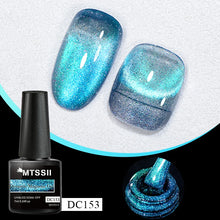MTSSII DC153 UV/LED soak-off nail gel polish bottle shown beside two nail swatches and a close-up of the coated nail tip, all displaying a sparkling blue-green magnetic shimmer effect on a black and white background.