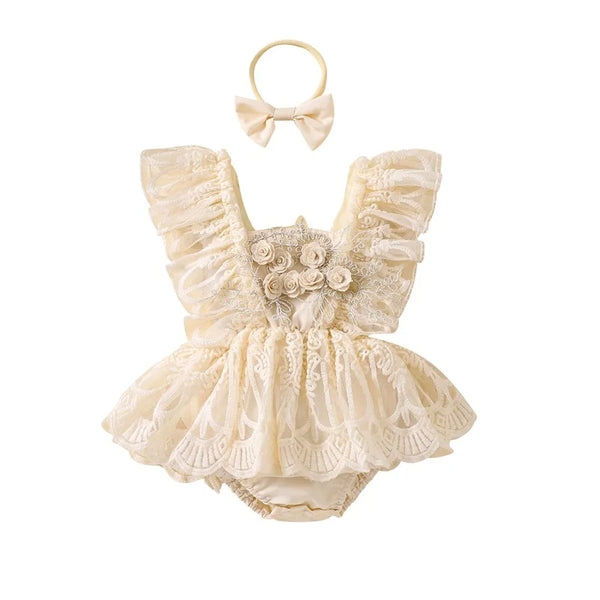 Baby girl lace romper dress two piece set laid flat