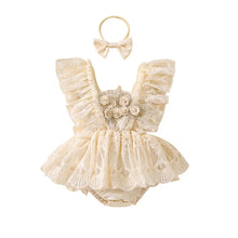 Baby girl lace romper dress two piece set laid flat