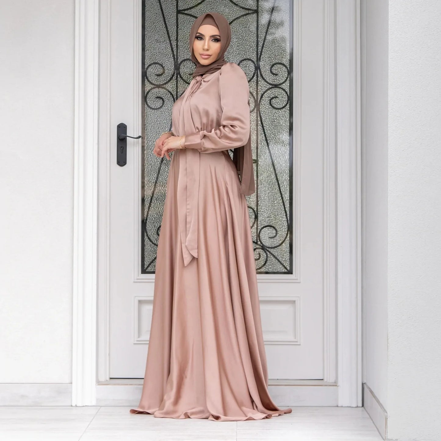 Satin Dress Muslim Abaya Solid Color Women Dress Long Sleeve Pullover