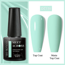 Gel polish bottle with 'Meet Across' branding and two nail samples labeled 'Top Coat' and 'Matte Top Coat' on a light green background.