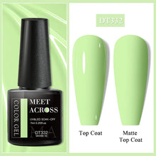 Nail gel polish bottle with green color swatches labeled 'Top Coat' and 'Matte Top Coat' on a light green background.