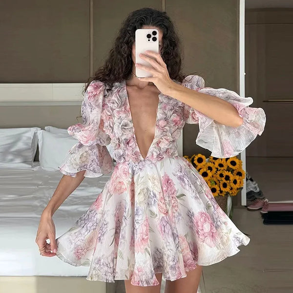 Flower Printed V-neck A-line Short Dress