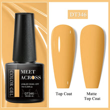 Nail gel polish bottle with top coat and matte top coat swatches on a beige background