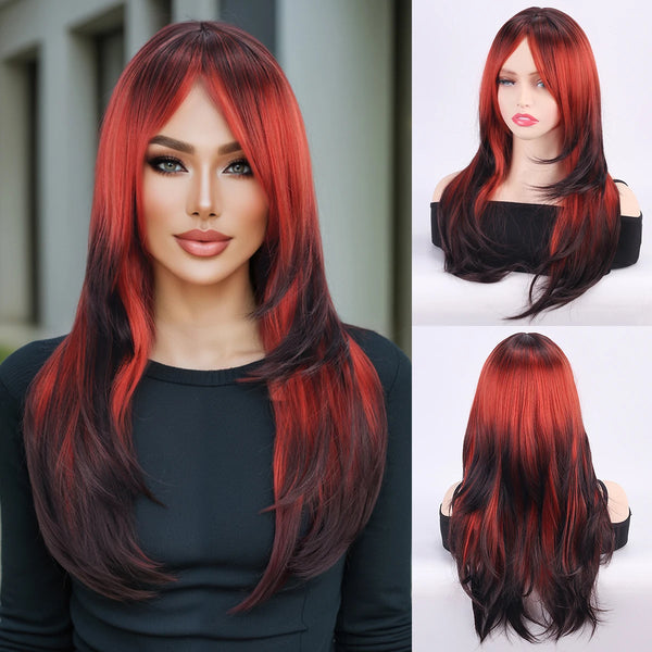 Halloween straight hair wig with middle part bangs full headpiece view.