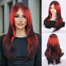 Halloween straight hair wig with middle part bangs full headpiece view.