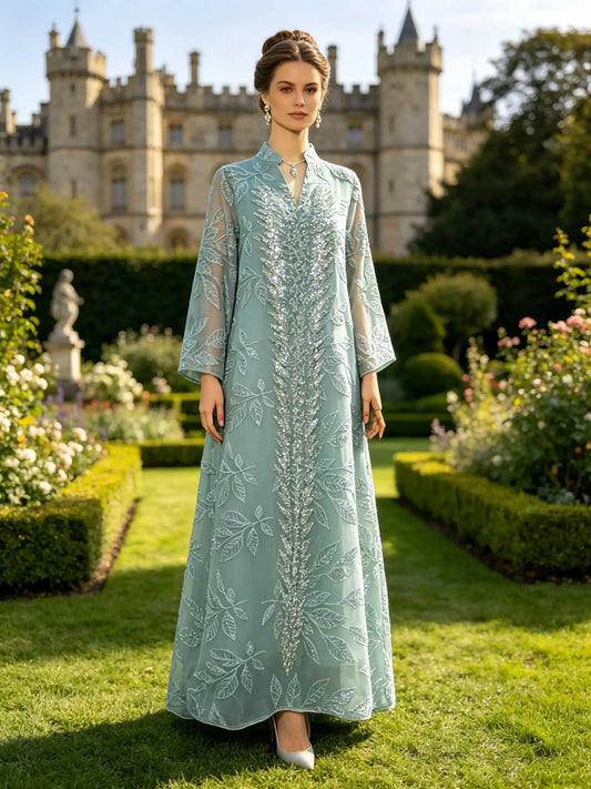 Mint Green Abaya with Silver Sequin Leaf Kaftan Elegant Ramadan Eid Prayer Dress