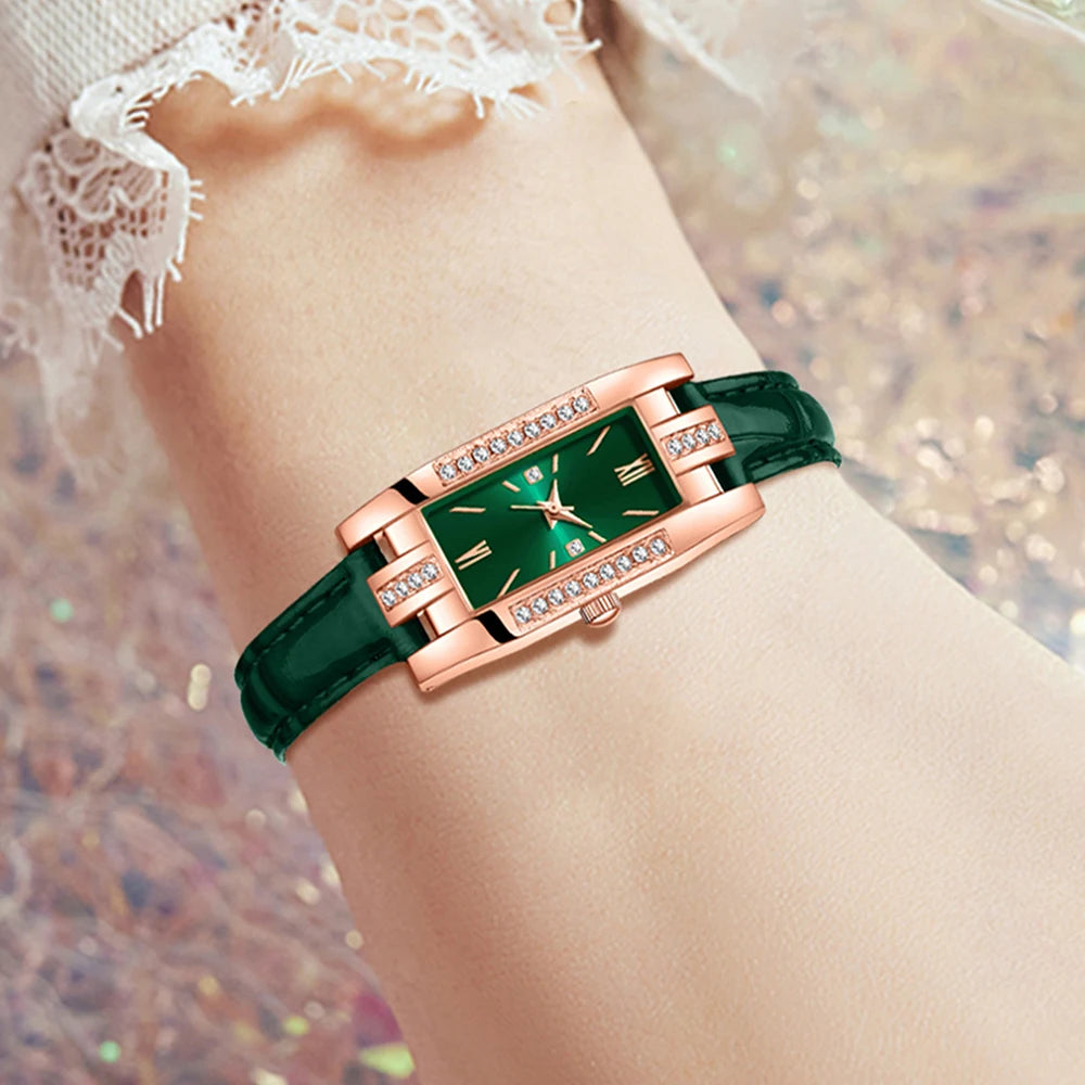 9PCS Green Women's Watch Bracelet Necklace Earrings Set Holiday Gift