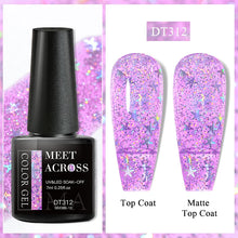 Gel polish bottle with glittery top coat and matte top coat application on nails, branded 'Meet Across'.