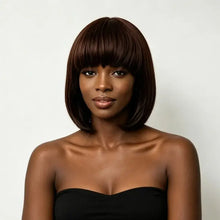 Synthetic wig with bangs side profile — lightweight travel-friendly design.
