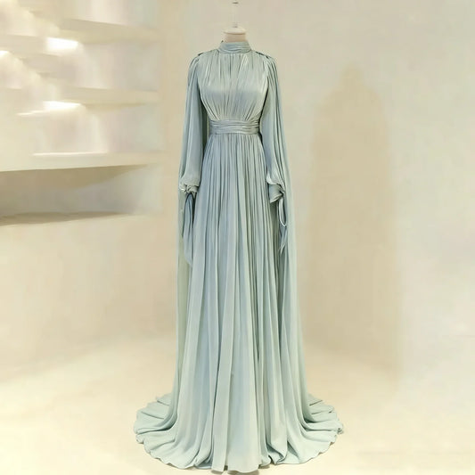 Modern High Neck Long Sleeves Pleated Evening Dresses