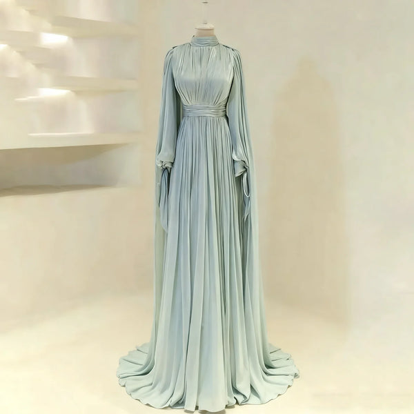 Modern High Neck Long Sleeves Pleated Evening Dresses