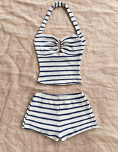 Summer Textured Knit Halter Top Shorts Two Piece Outfit, Classic Nautical Stripes Paired With Breathable Knit Fabric, Ideal For